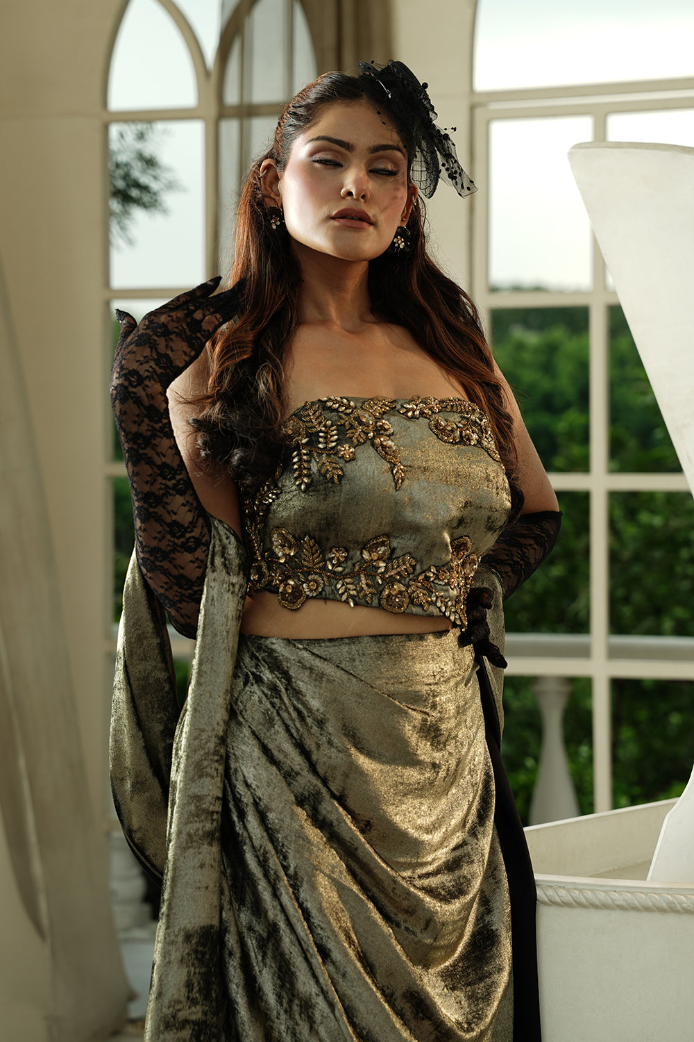 Opulent Silver Baroque Gown with Lace Gloves & Dramatic Cape Train