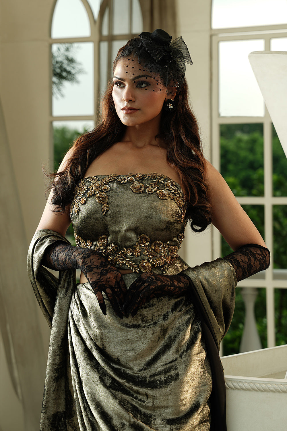 Opulent Silver Baroque Gown with Lace Gloves & Dramatic Cape Train