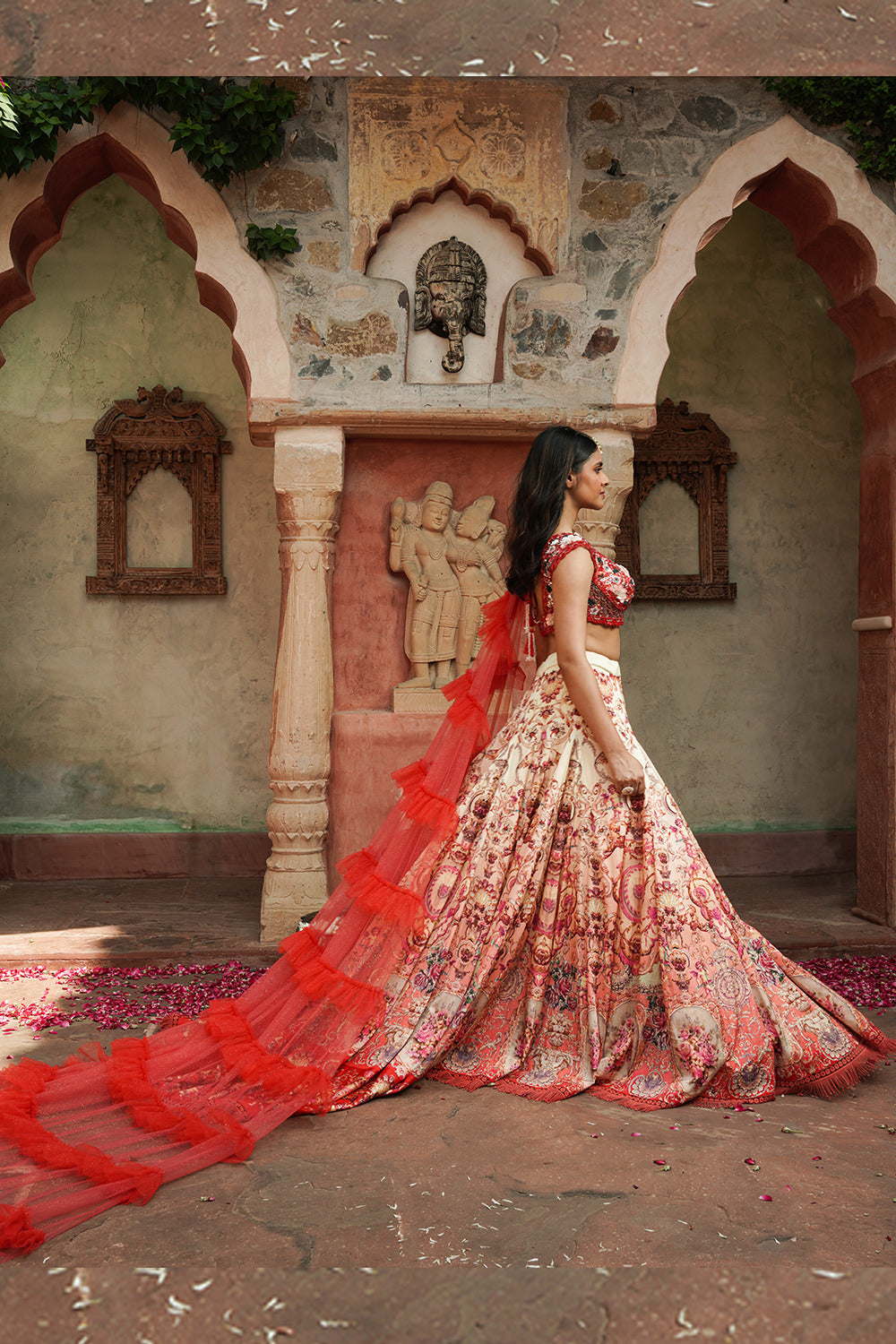 Peach & Red Floral Embroidered Bridal Lehenga With Ruffle Dupatta