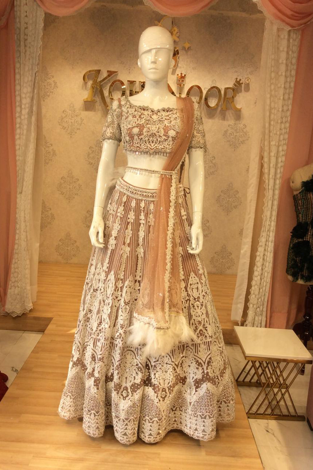 Peach & Ivory Embroidered Bridal Lehenga with Zari, Sequins & Lace Detailing