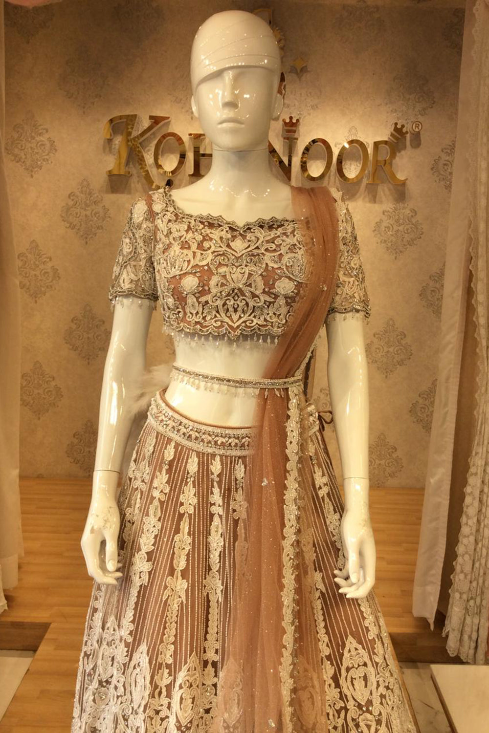 Peach & Ivory Embroidered Bridal Lehenga with Zari, Sequins & Lace Detailing