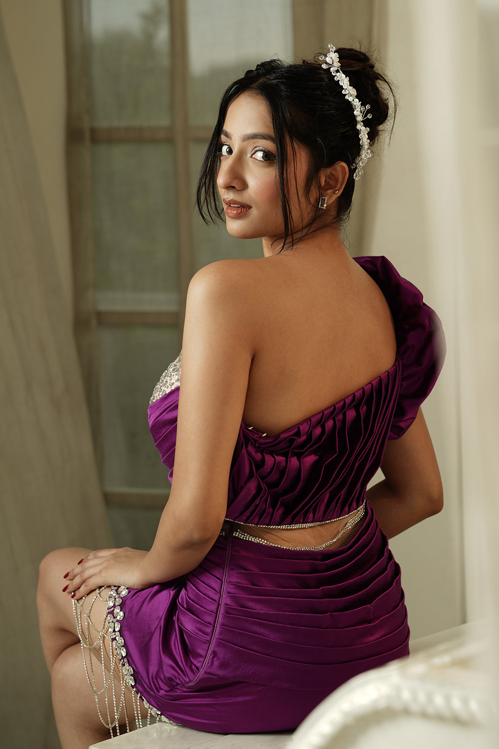 Purple One-Shoulder Ruched Mini Dress with Crystal Mesh Hem & Cutout Detail