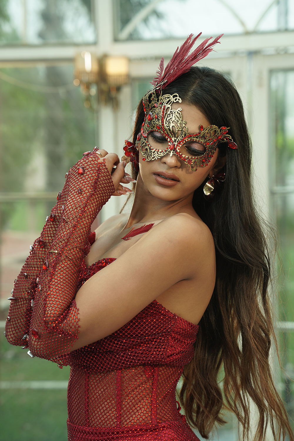 Red Asymmetric Draped Gown with Mesh Detailing & Side Slit