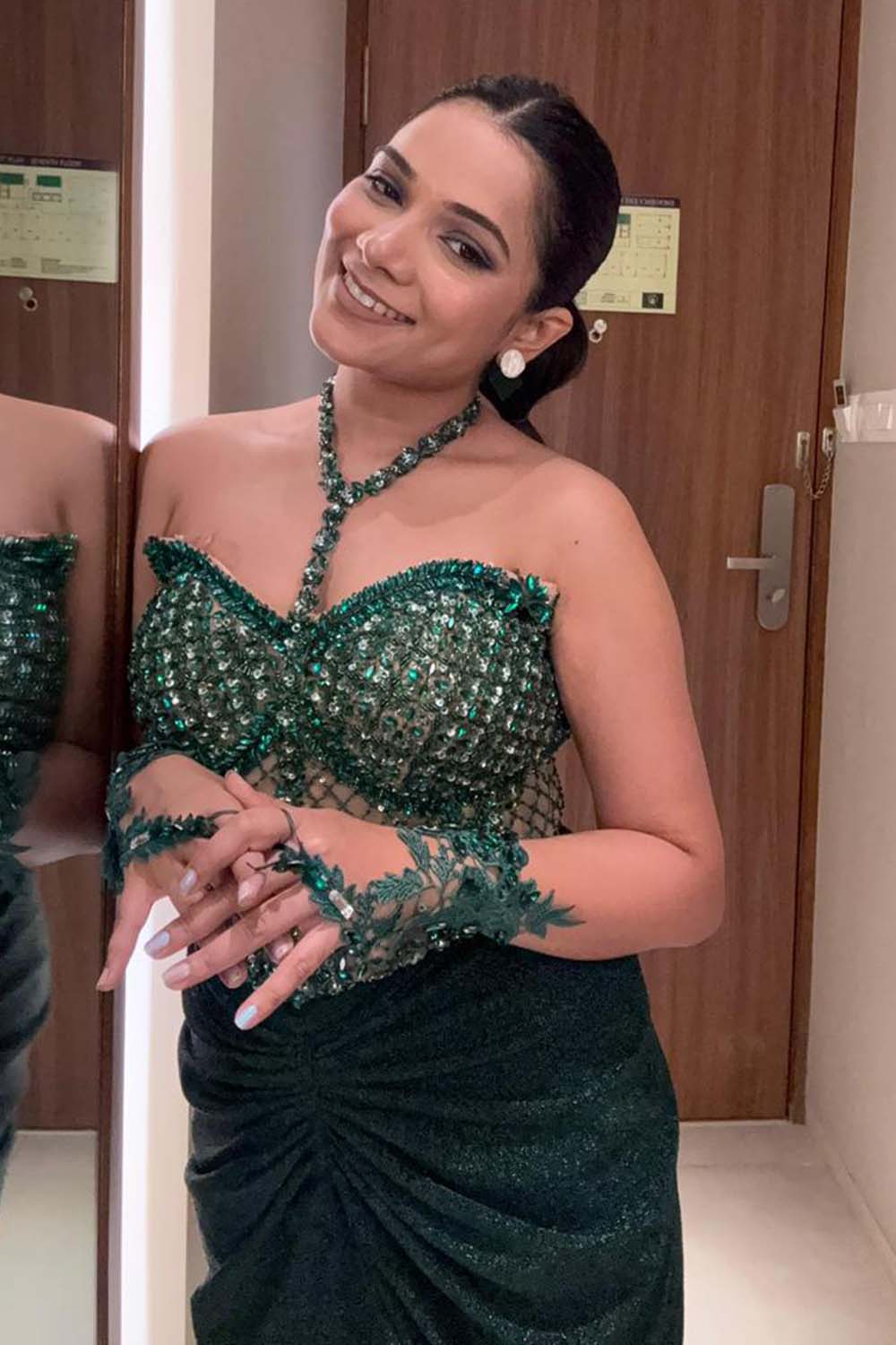 Richa Archana Singer in Green Crystal Corset & Draped Slate Skirt Set