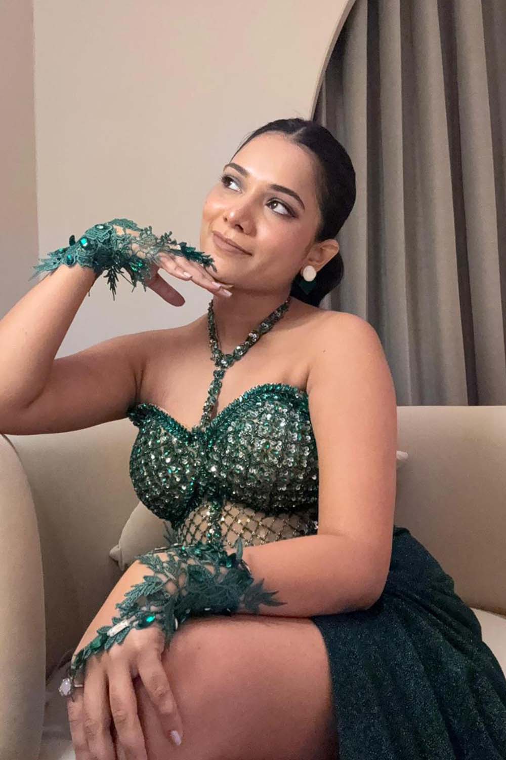 Richa Archana Singer in Green Crystal Corset & Draped Slate Skirt Set