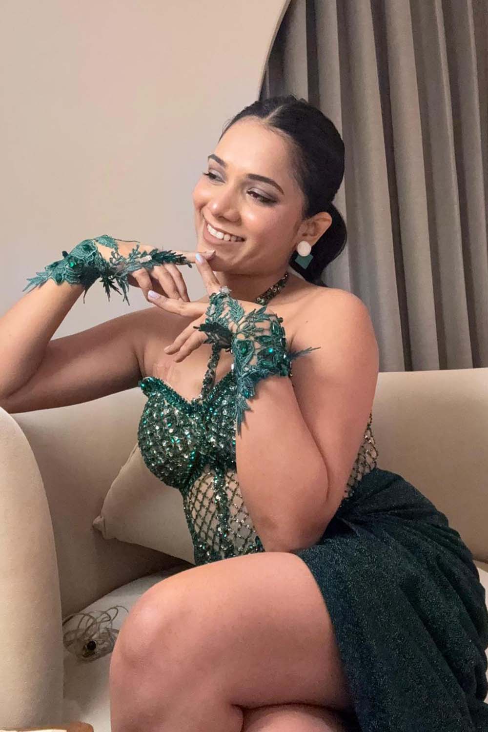 Richa Archana Singer in Green Crystal Corset & Draped Slate Skirt Set