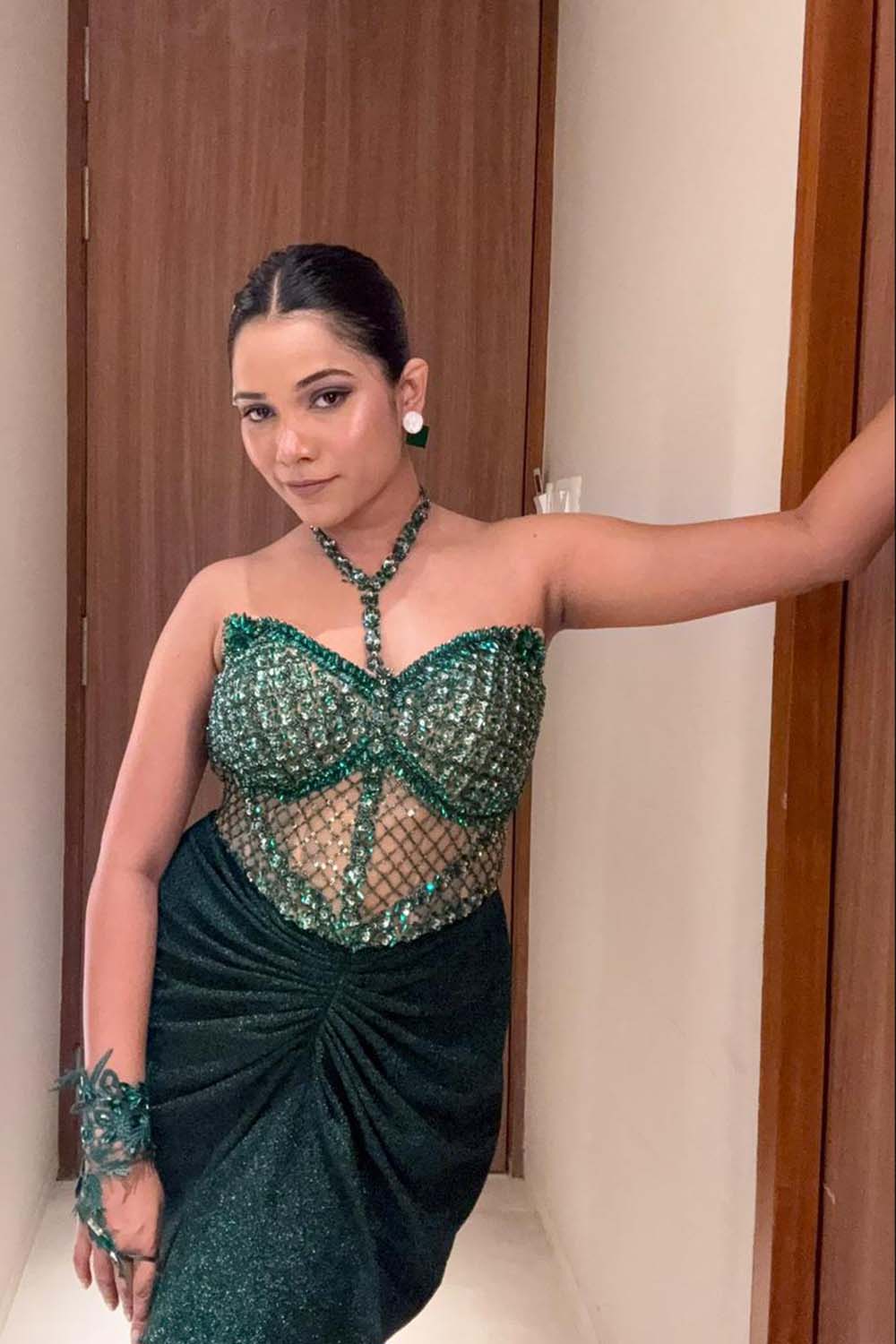 Richa Archana Singer in Green Crystal Corset & Draped Slate Skirt Set