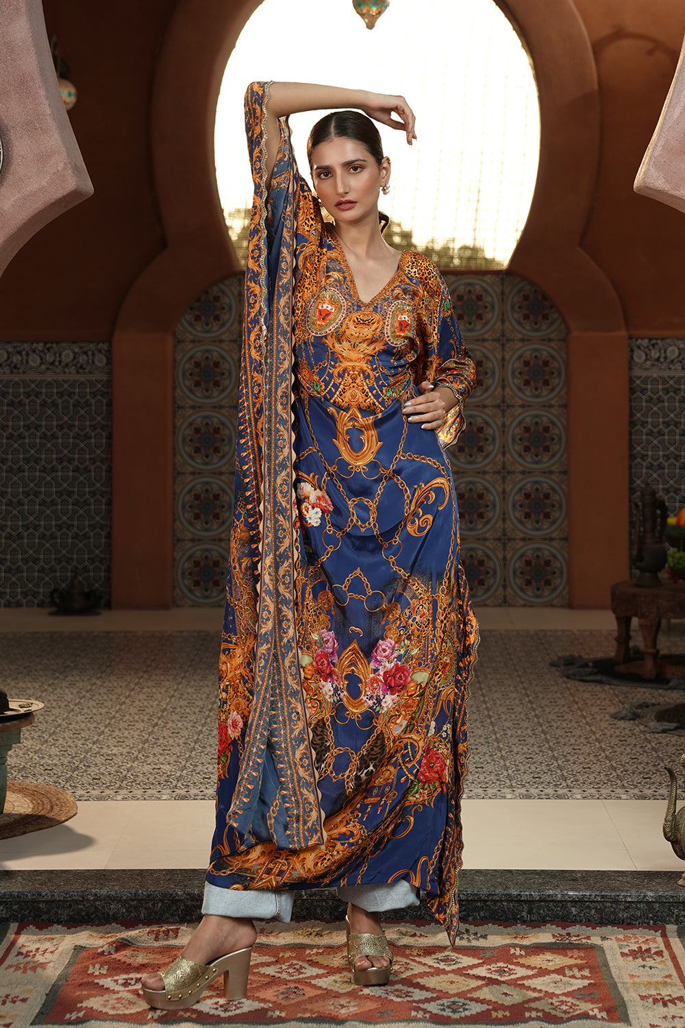 Royal Sapphire Printed Kaftan Gown