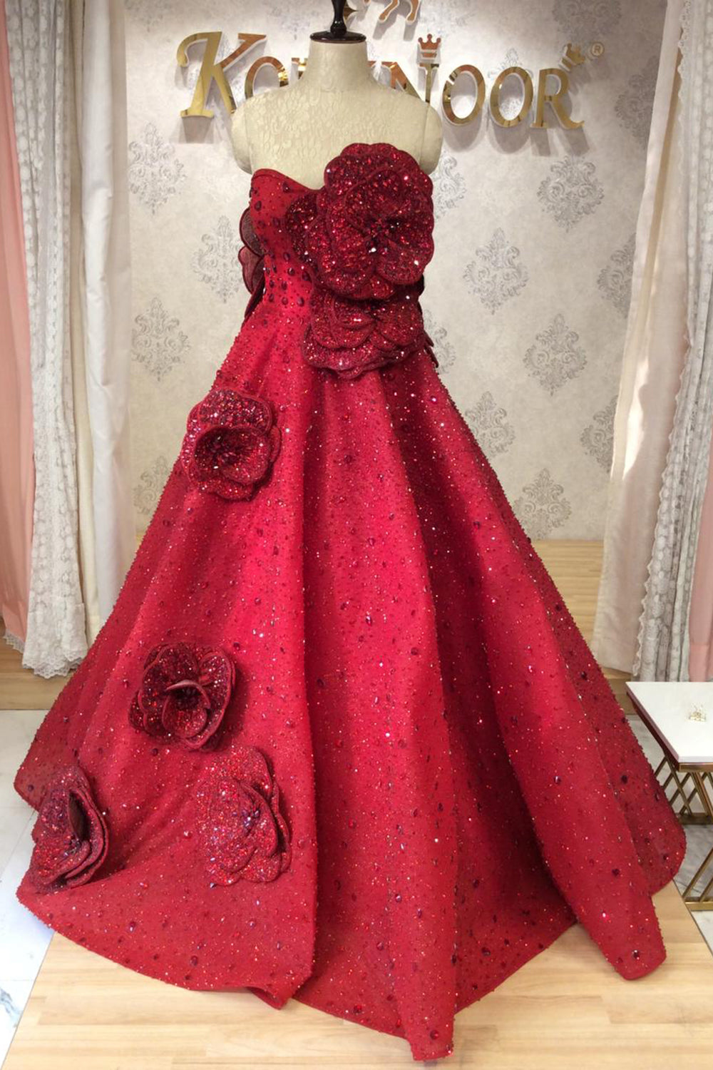 Ruby Red 3D Floral Ball Gown with Heavy Crystal Embellishment