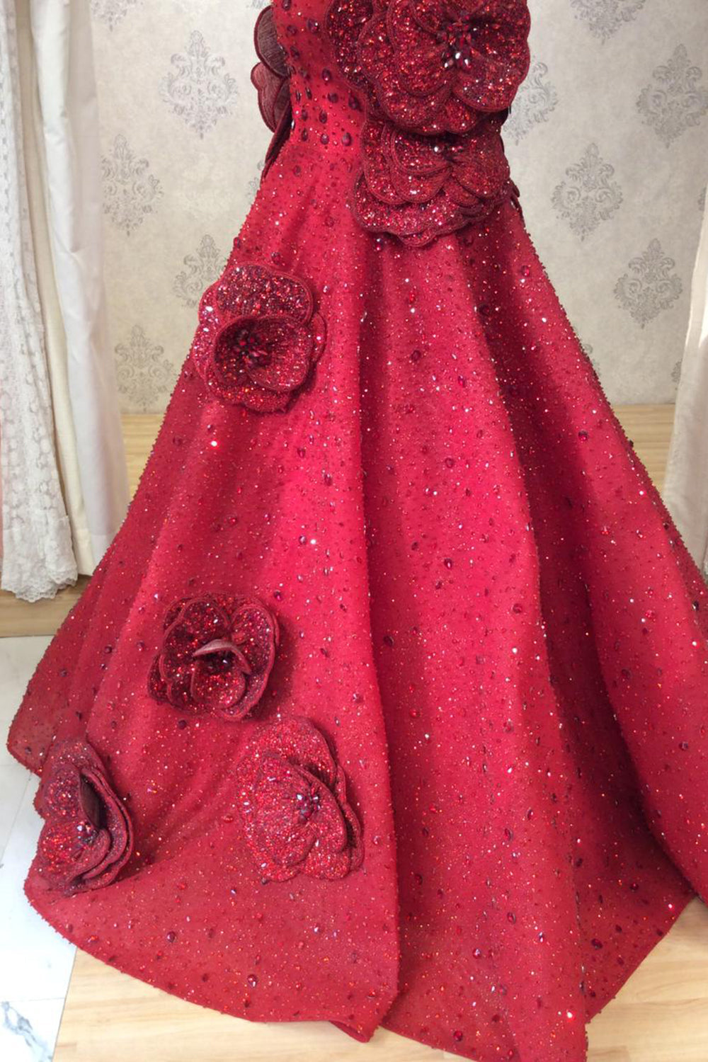 Ruby Red 3D Floral Ball Gown with Heavy Crystal Embellishment