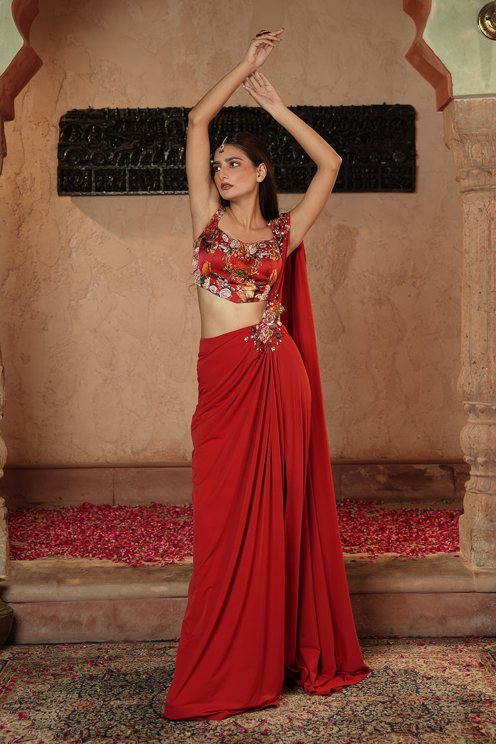 Scarlet Red Floral Embellished Drape Saree Gown