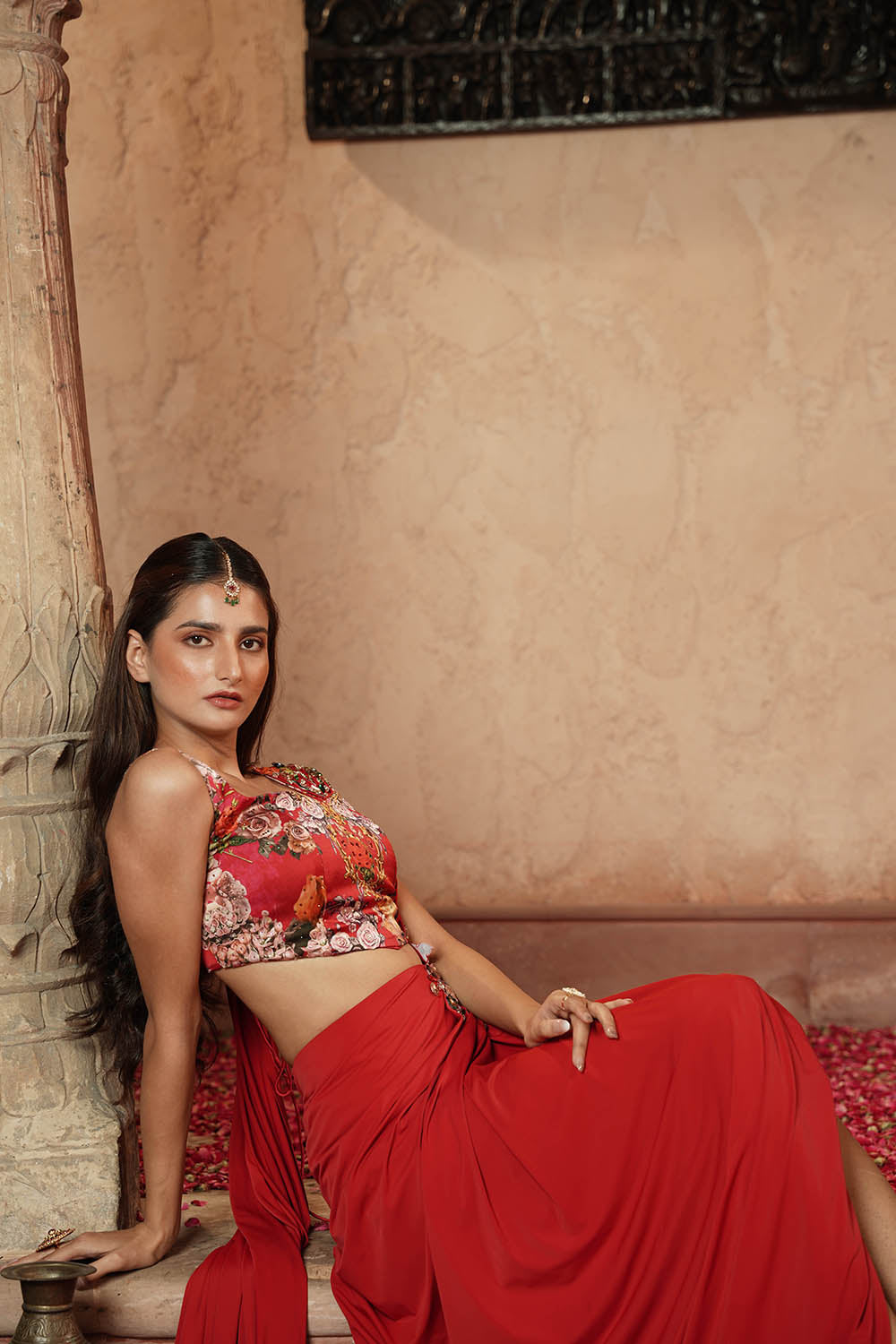 Scarlet Red Floral Embellished Drape Saree Gown