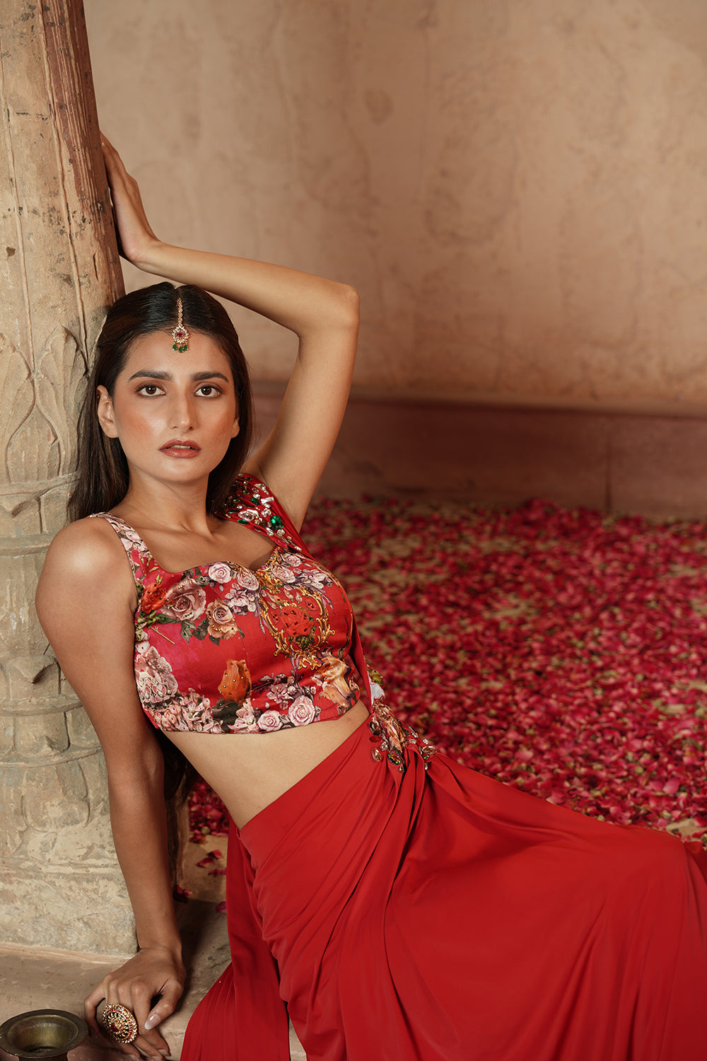 Scarlet Red Floral Embellished Drape Saree Gown