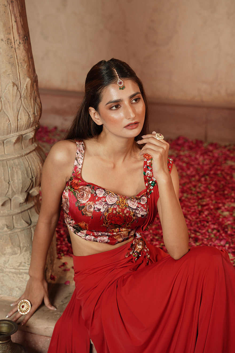 Scarlet Red Floral Embellished Drape Saree Gown