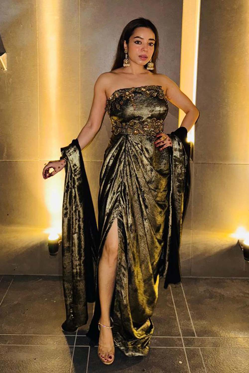 Shruti Pawar in Opulent Silver Baroque Gown with Lace Gloves & Dramatic Cape Train