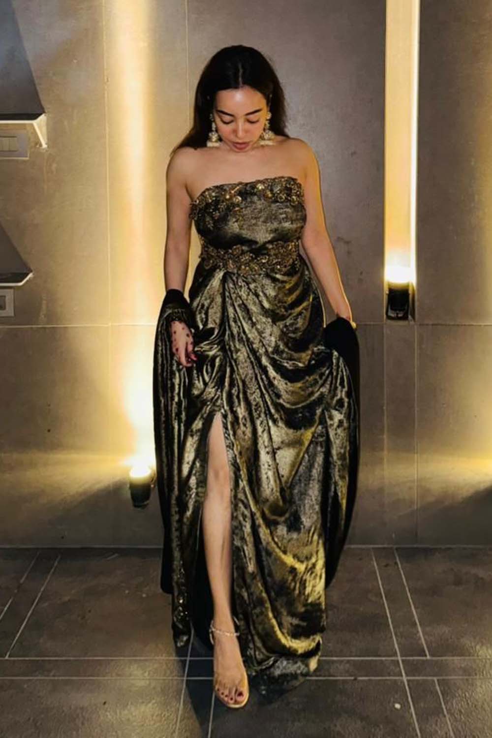 Shruti Pawar in Opulent Silver Baroque Gown with Lace Gloves & Dramatic Cape Train