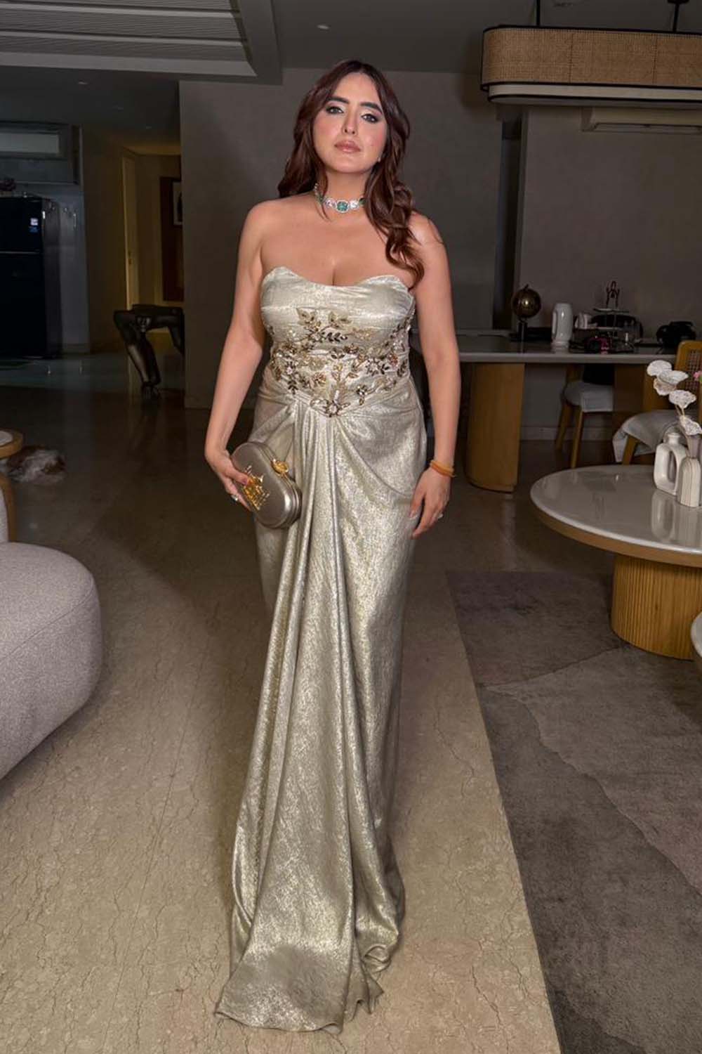 Sonam Chabbra in Embellished Ivory Corset Top & Draped Skirt Set