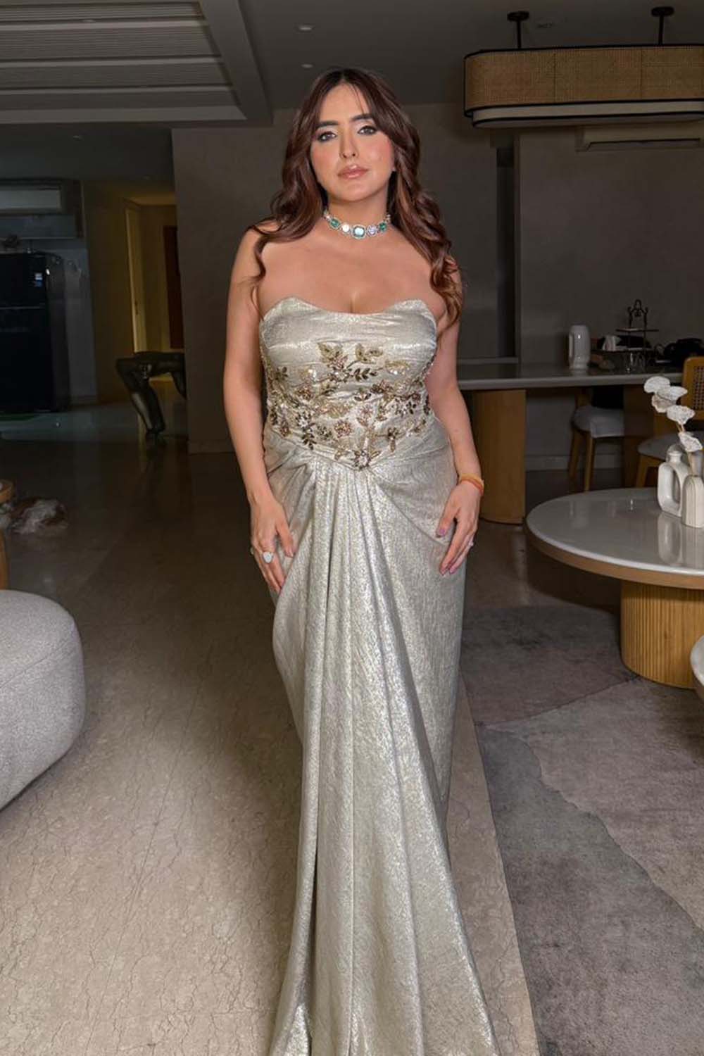 Sonam Chabbra in Embellished Ivory Corset Top & Draped Skirt Set