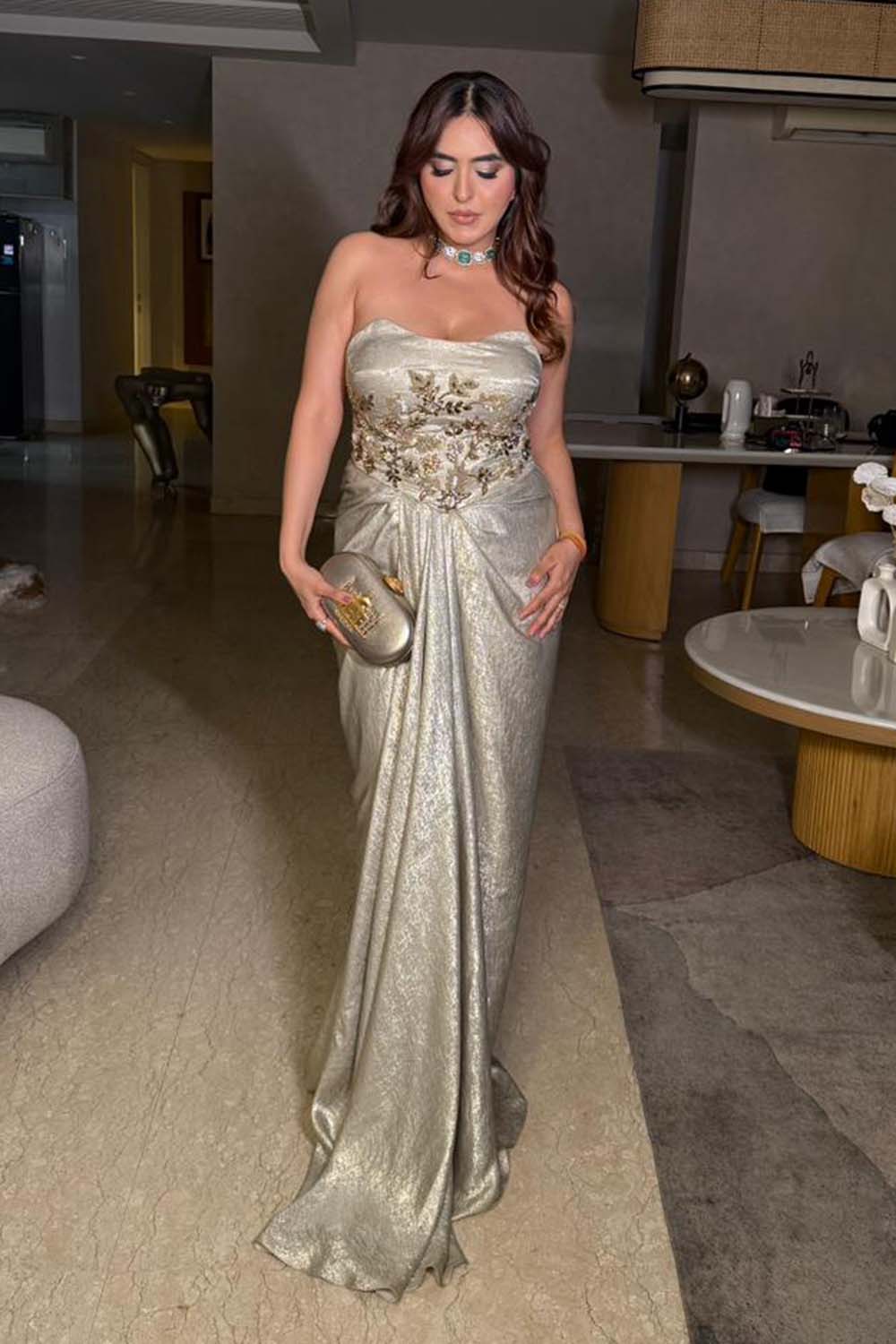 Sonam Chabbra in Embellished Ivory Corset Top & Draped Skirt Set