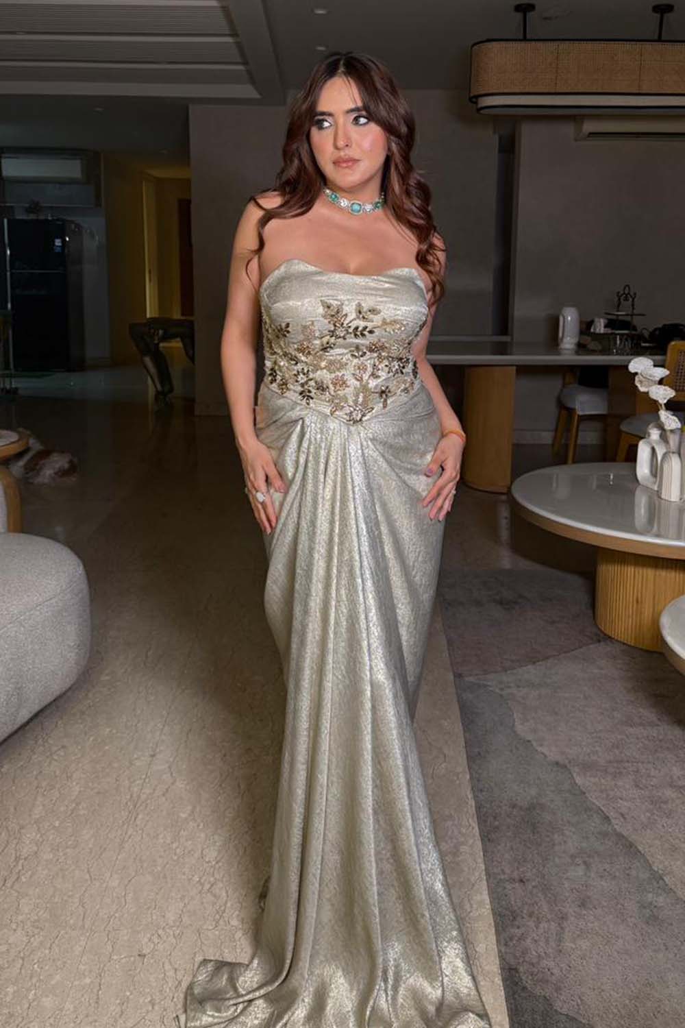 Sonam Chabbra in Embellished Ivory Corset Top & Draped Skirt Set