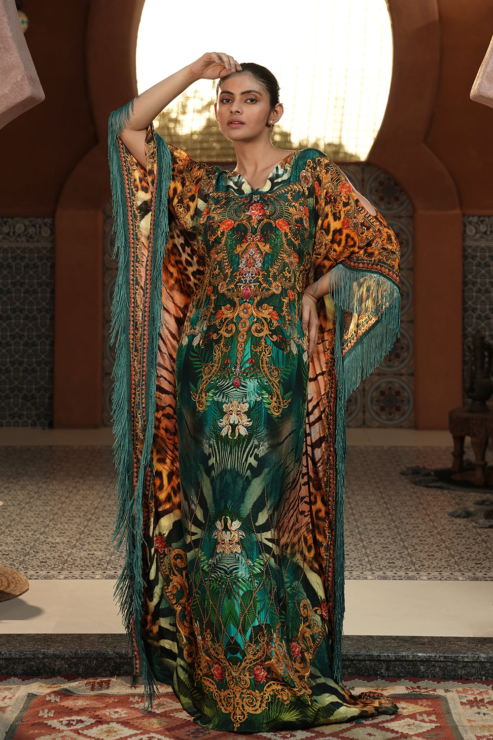 Teal & Golden Printed Kaftan Gown