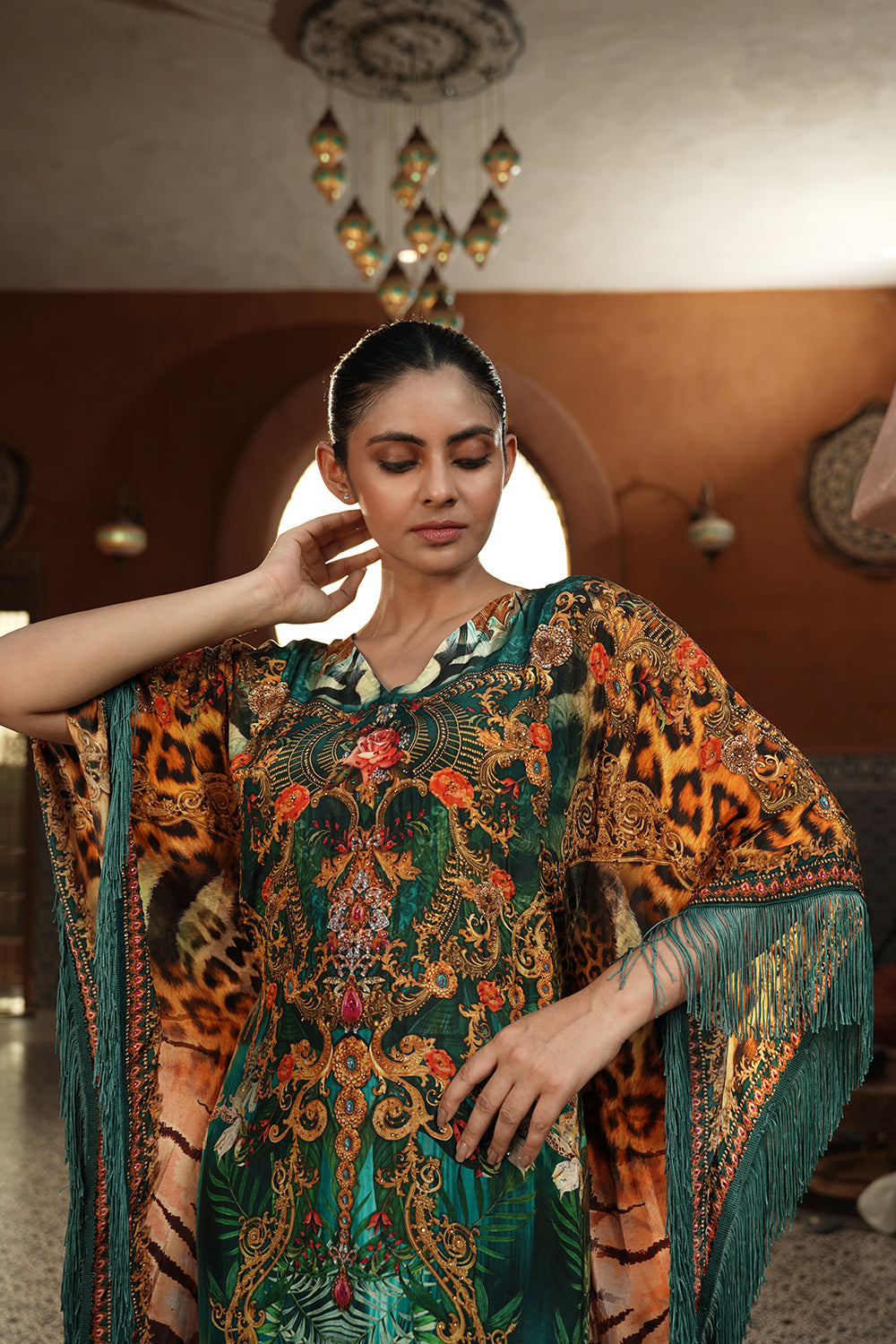 Teal & Golden Printed Kaftan Gown