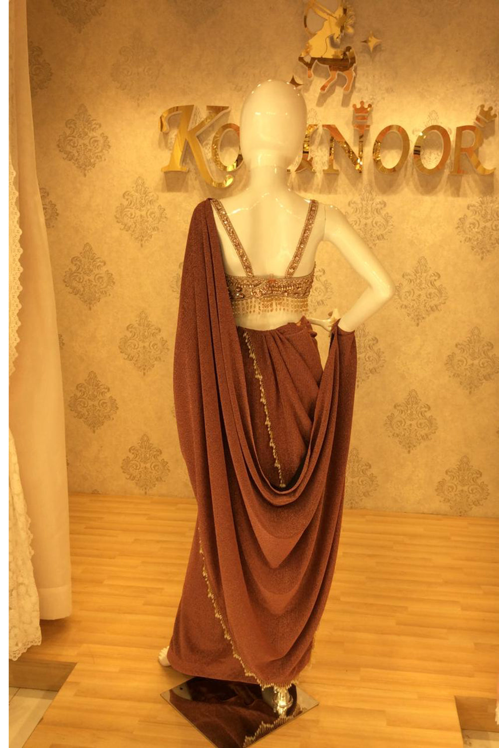 Wine Pre-Draped Saree with Hand-Embellished Bustier