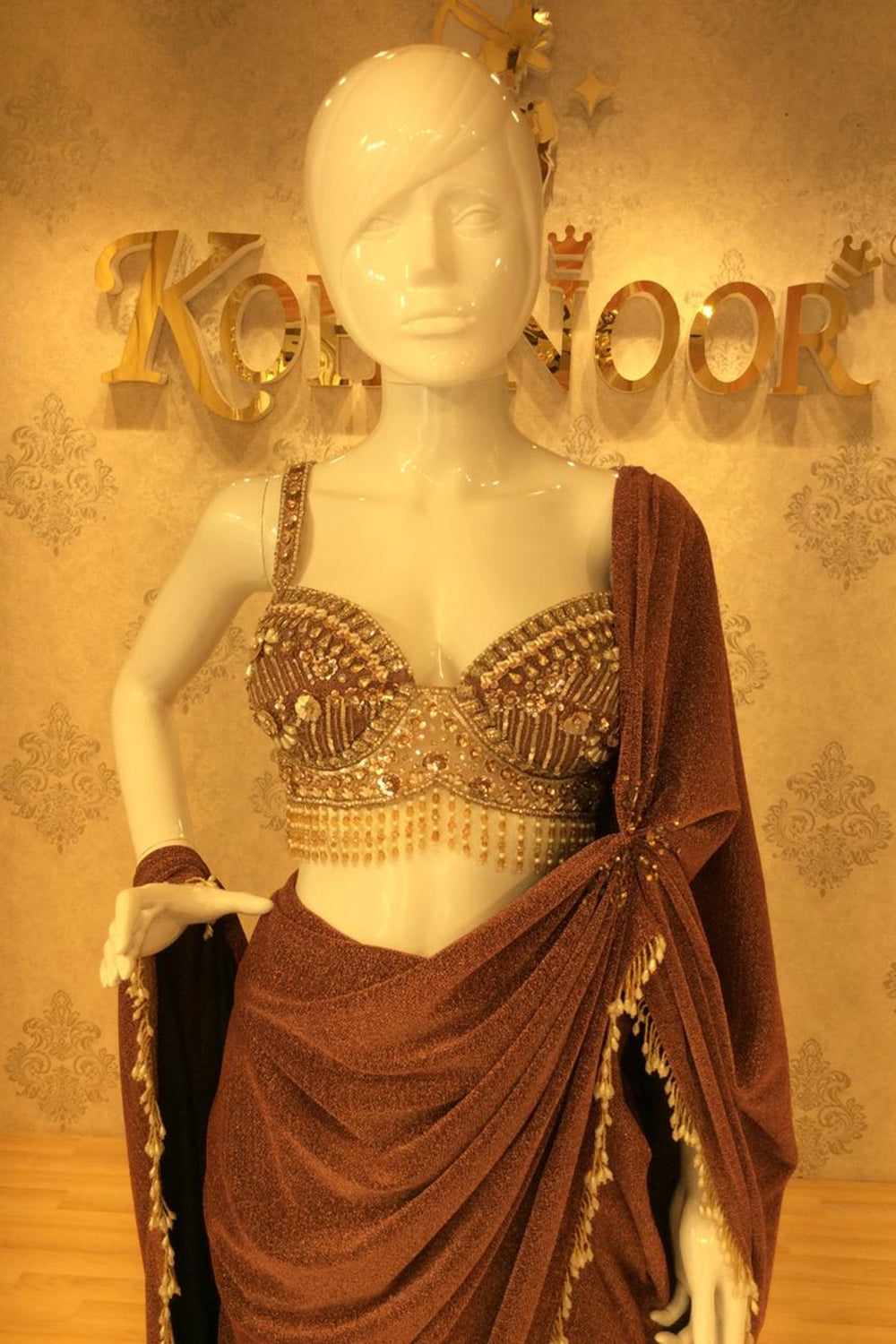 Wine Pre-Draped Saree with Hand-Embellished Bustier